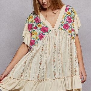 NEW! 159 Floral Cream Boho Blouse with Pink & Yellow Accents